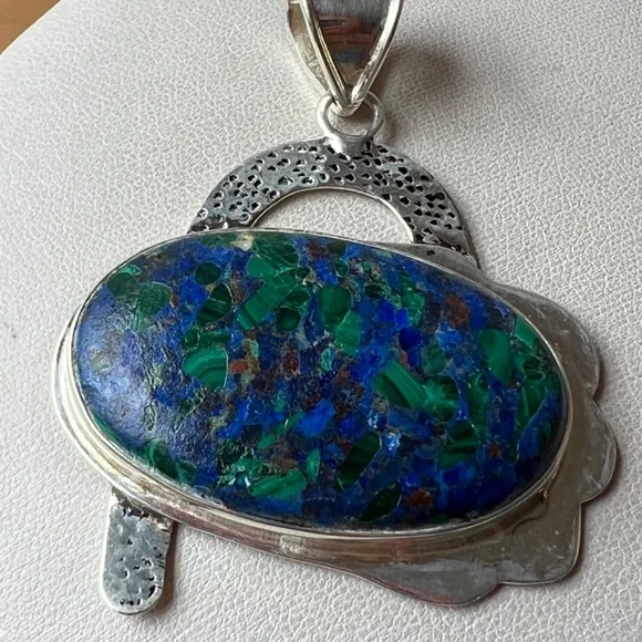 OVERSIZED STATEMENT LAPIS MALACHITE CHRYSOCOLLA PENDANT 925 STERLING SILVER